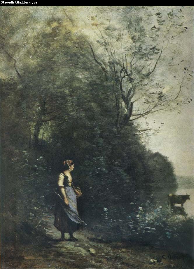 Jean Baptiste Camille  Corot Landscape with a peasant Girl grazing a Cow at the Edge of a Forest